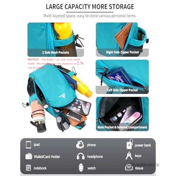 Small Sling Backpack with Water Bottle Holders, Crossbody Daypack for Travel &